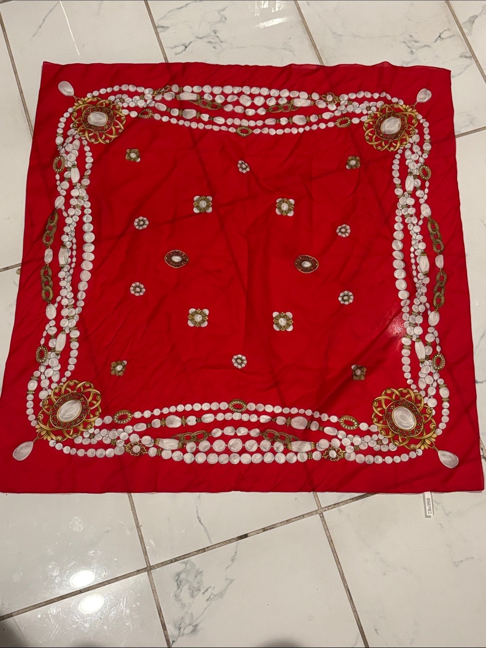 Avon vintage Red Square Scarf with Gold and White Chain Motif.Created In Italy